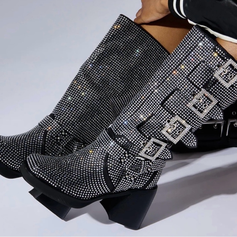 Black Rhinestone Embellished Women's Boots